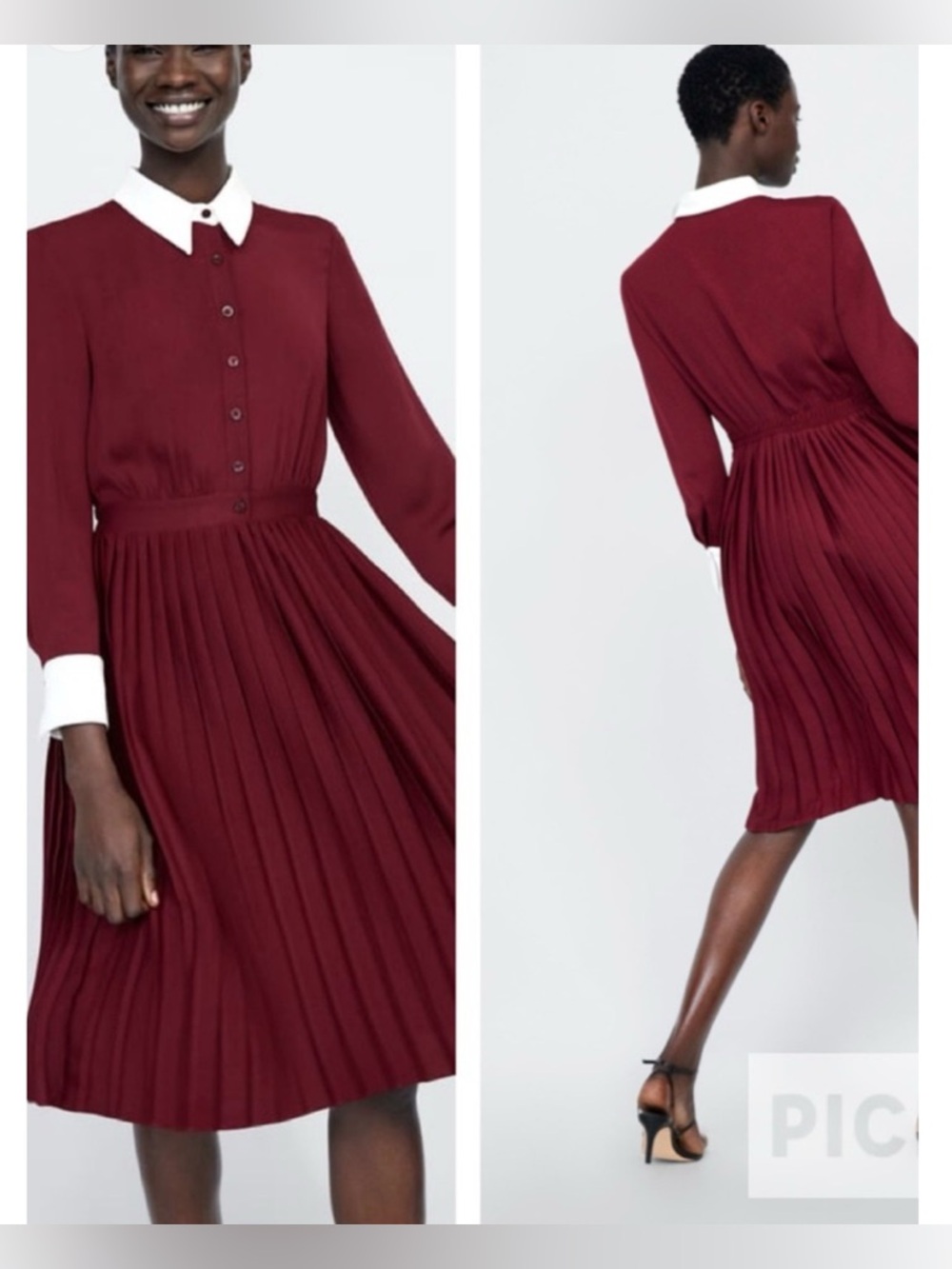 Zara Basic Burgundy Pleated Dress with White Collar